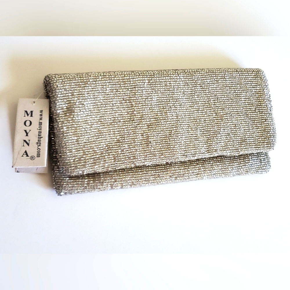 New With Tags, Neiman Marcus Moyna Silver Beaded Wallet / Clutch, Pink Interior